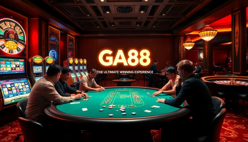 Players strategically betting at GA88 poker table in a luxurious casino.
