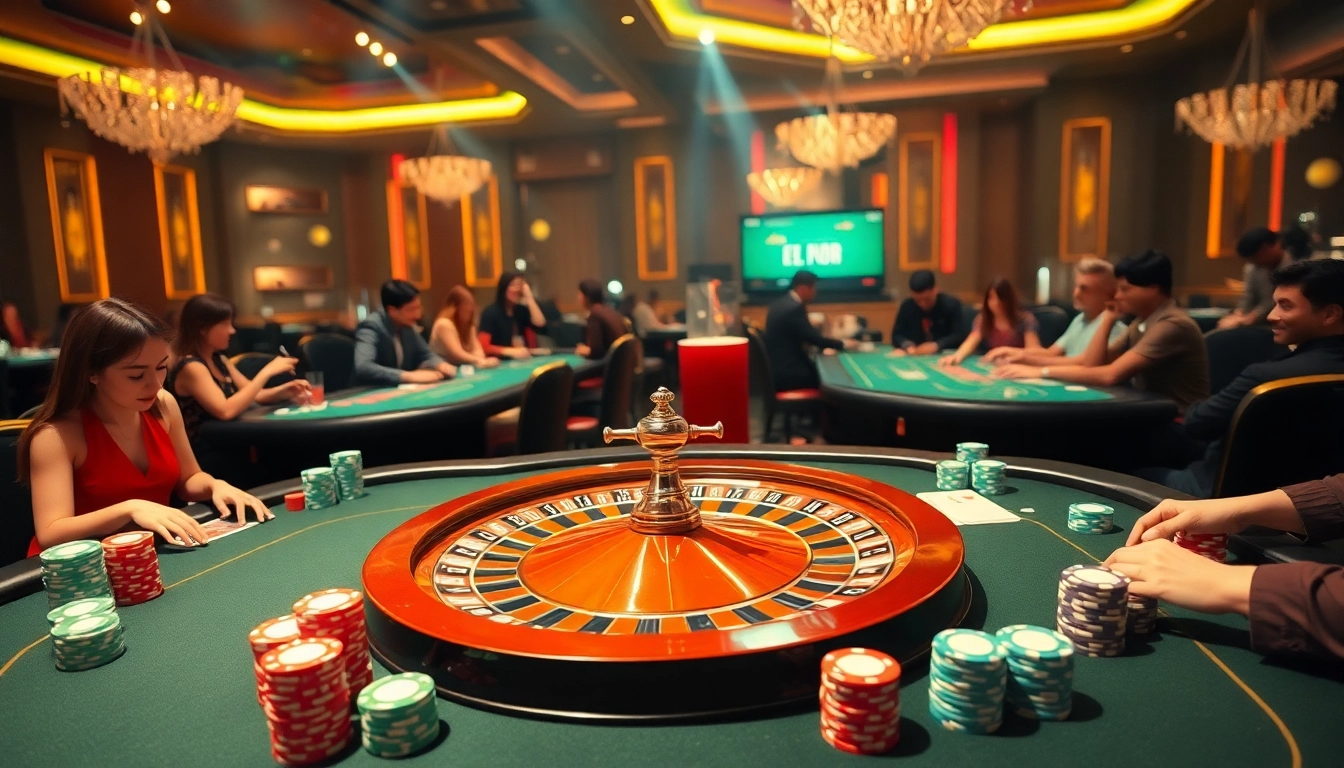 Players engage in an exciting casino atmosphere while betting on bangsawan88 with vibrant poker tables and roulette wheel.