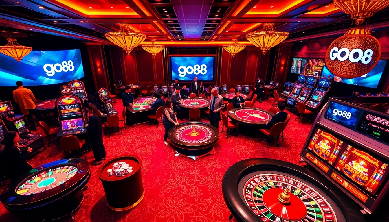 Experience the excitement at a go88 casino with vibrant tables, chips, and spinning slot machines.