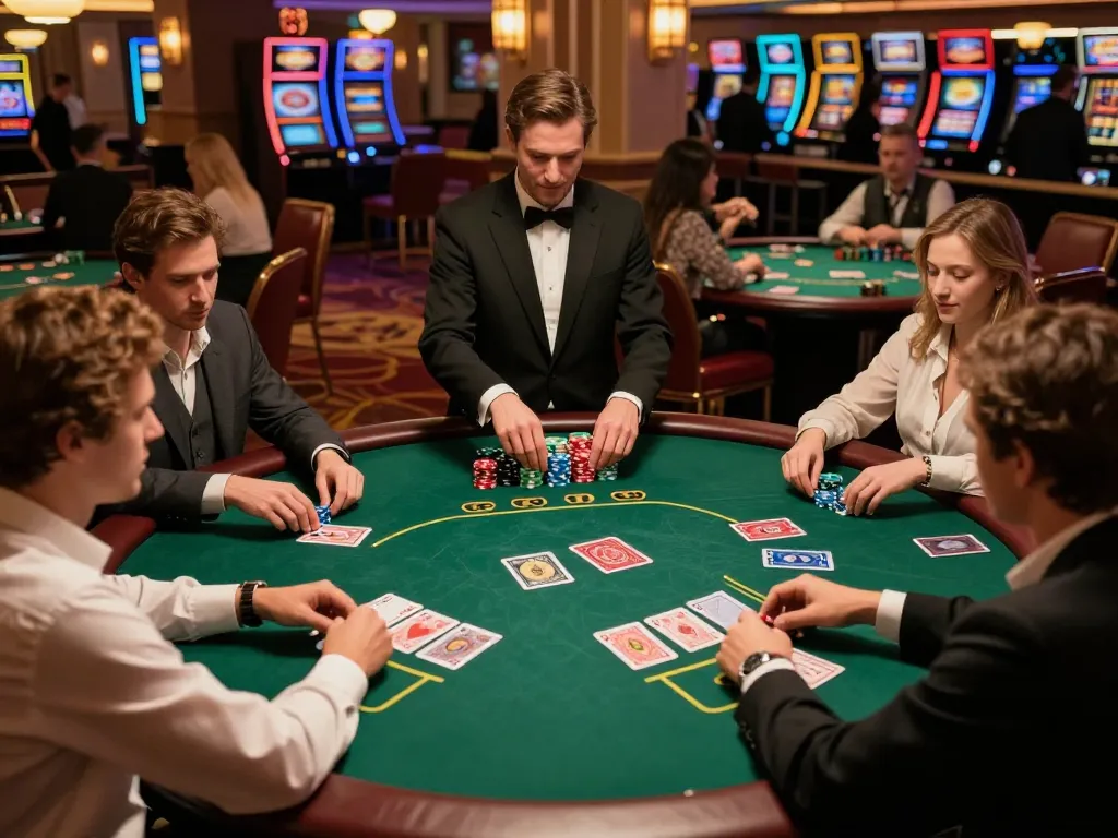 Active poker game at C168 casino with players engaging, colorful chips, and warm lighting