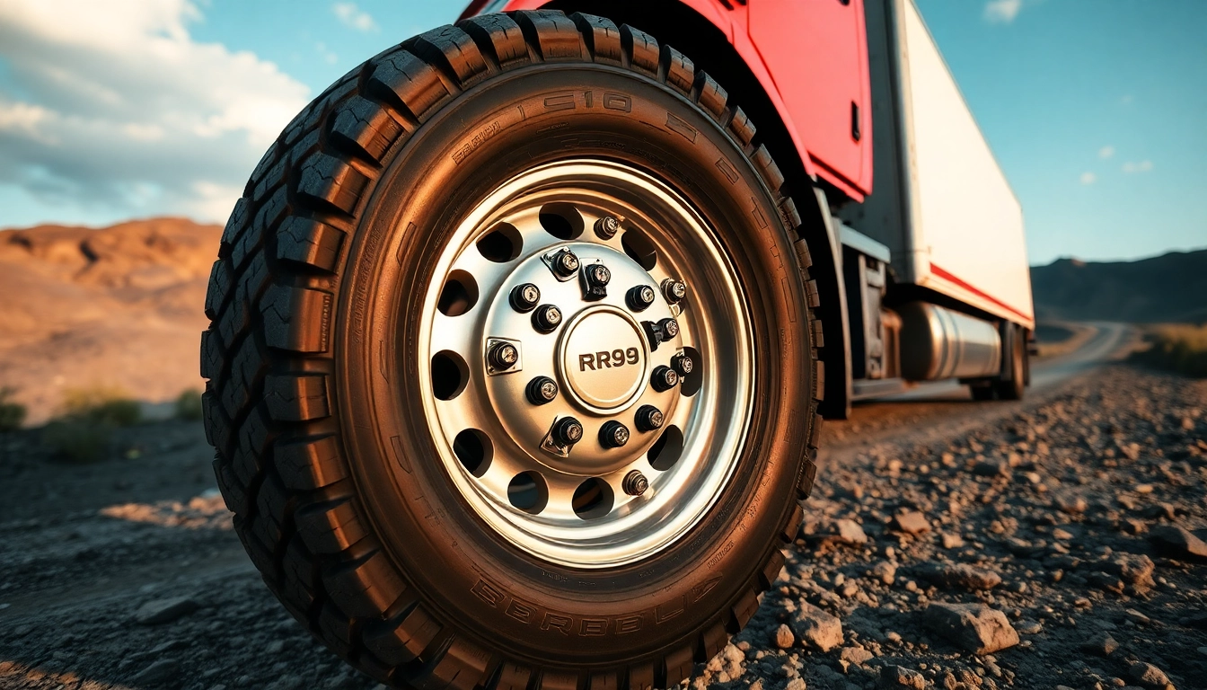 RR99 all-position truck tire displayed on rugged terrain, showcasing durability and performance.