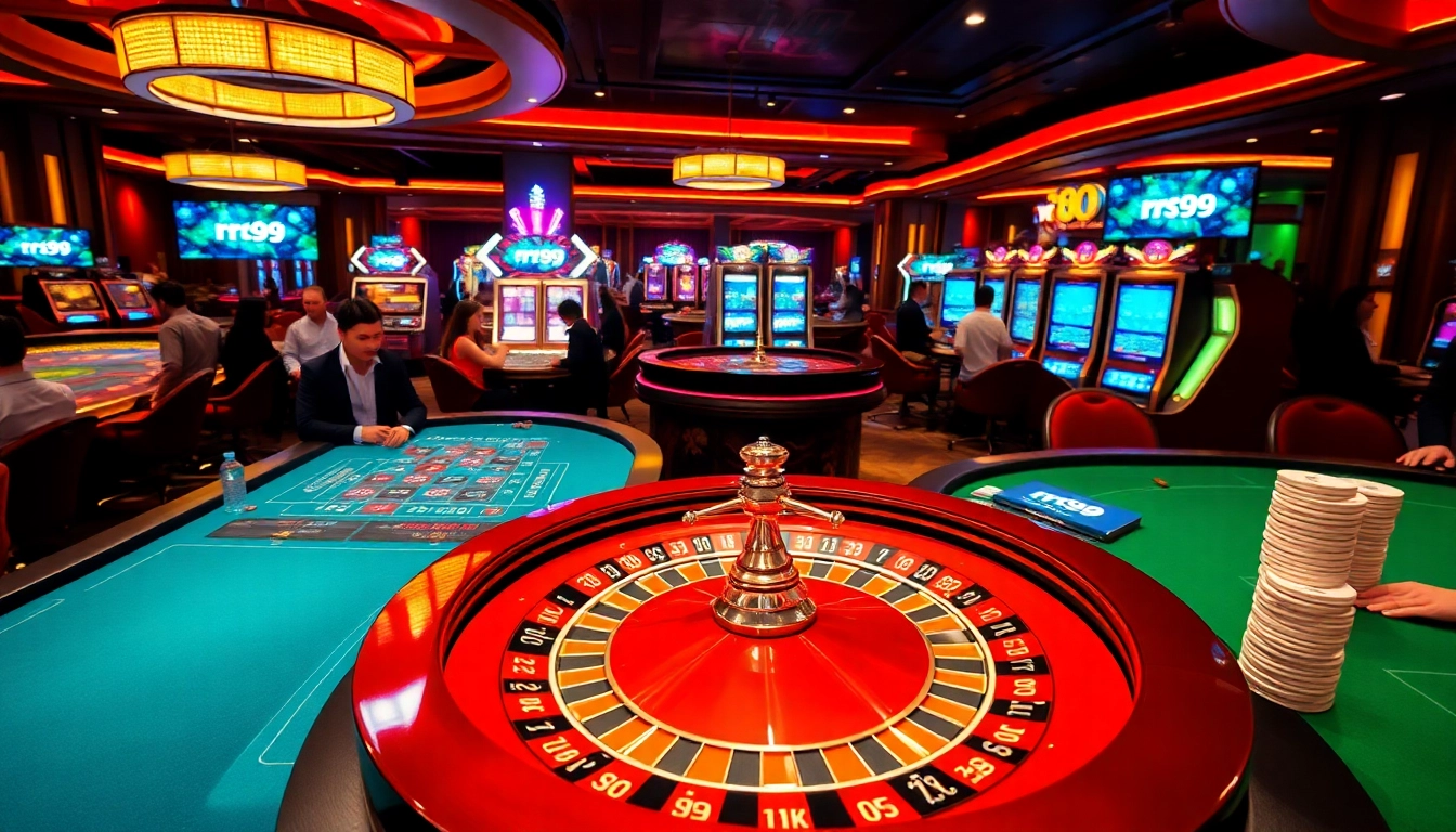 Players enjoying games at RR99 casino, with vibrant roulette wheels and poker chips in action.
