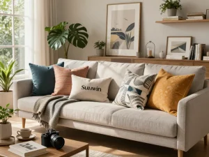 Sunwin stylish textiles enhancing a modern living room decor with vibrant throw pillows and blankets.