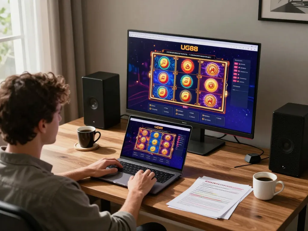 Player engaging in online gambling at UG88 with vibrant slot games and strategic notes nearby