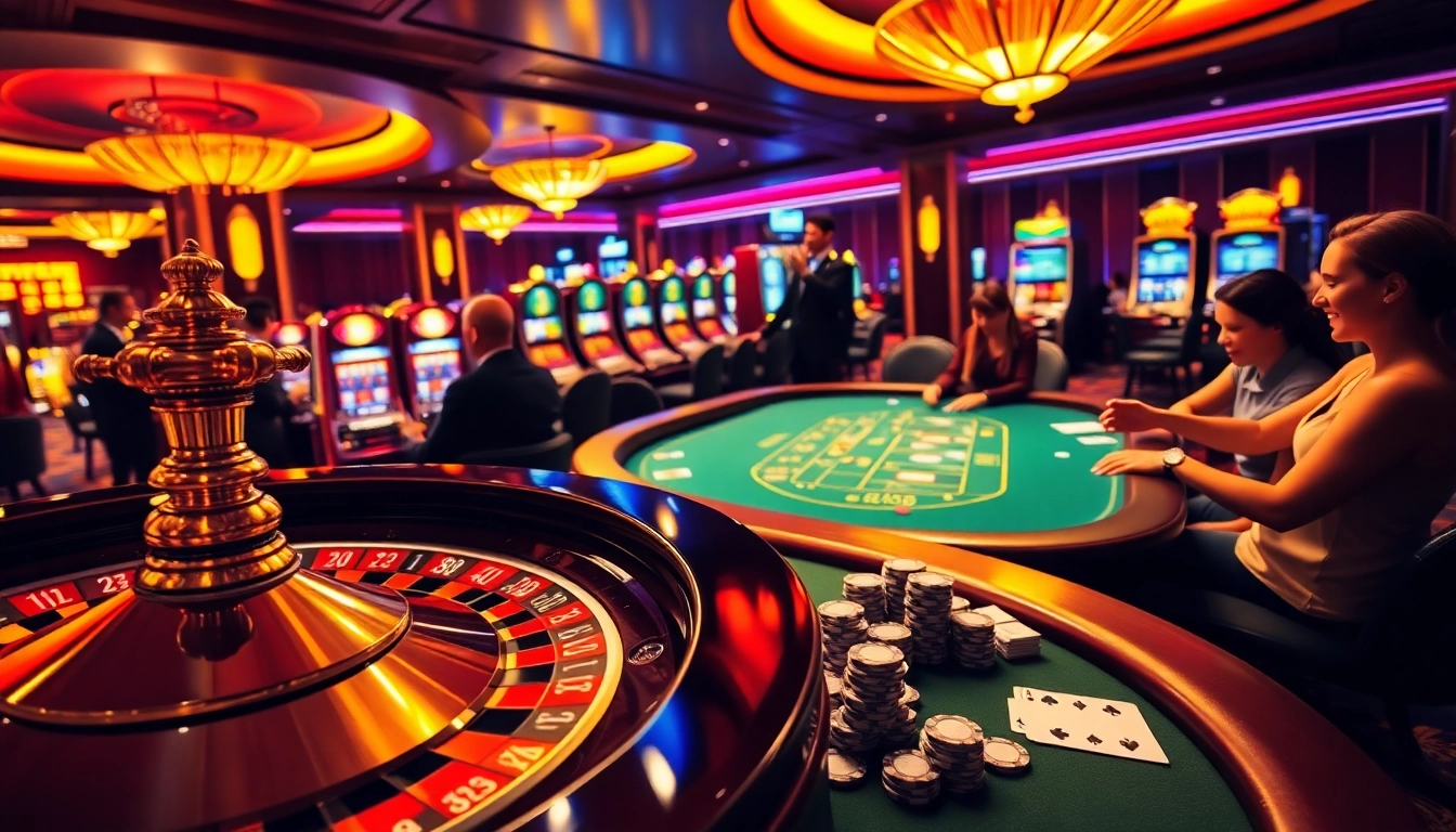 NK88 players enjoying an exciting game at a vibrant casino filled with roulette wheels and slot machines.