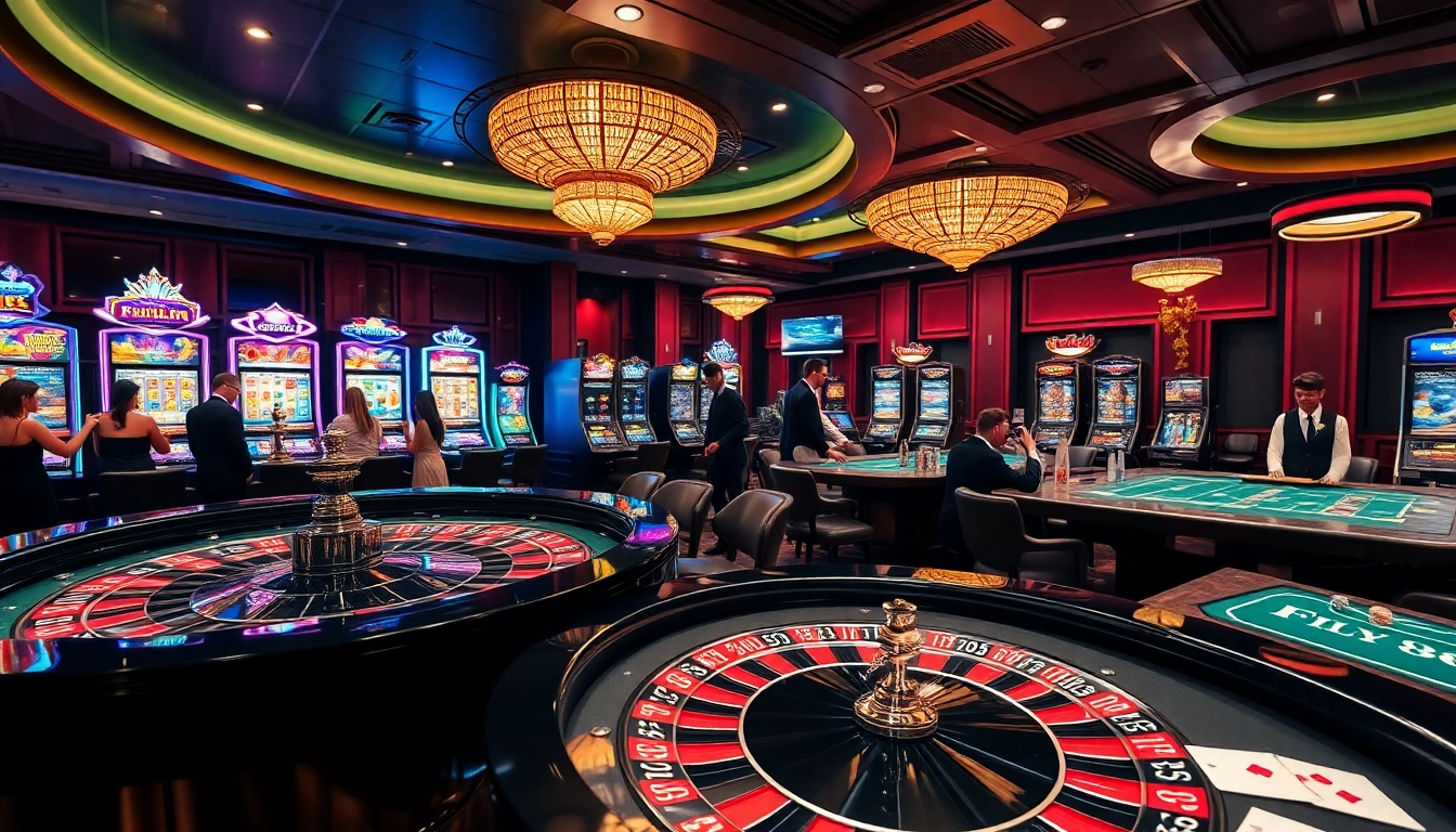 Players enjoying a thrilling game night at FLY88 casino with vibrant slot machines.
