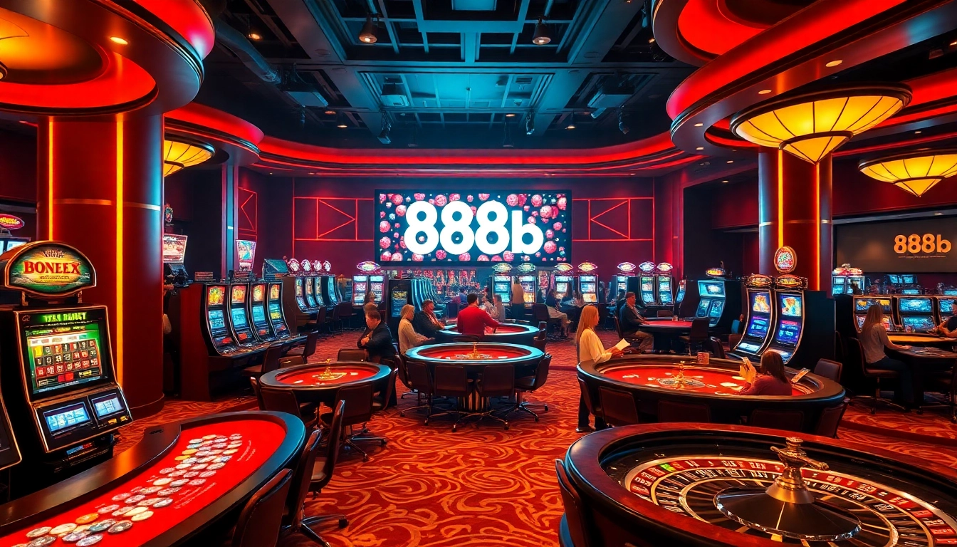 Exciting gaming atmosphere with vibrant 888b branding at a luxurious casino.