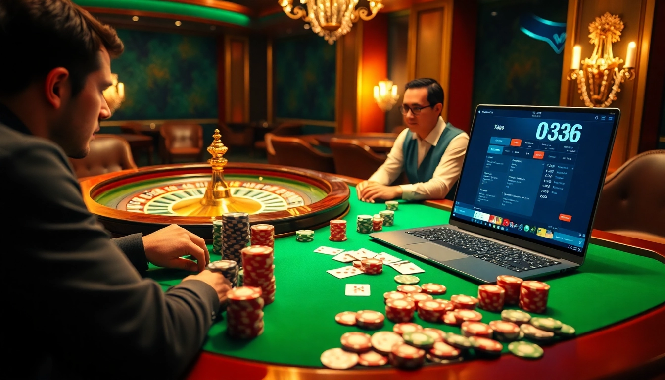 Engaging scene of players at a casino table representing OK8386, showcasing poker chips and a roulette wheel.