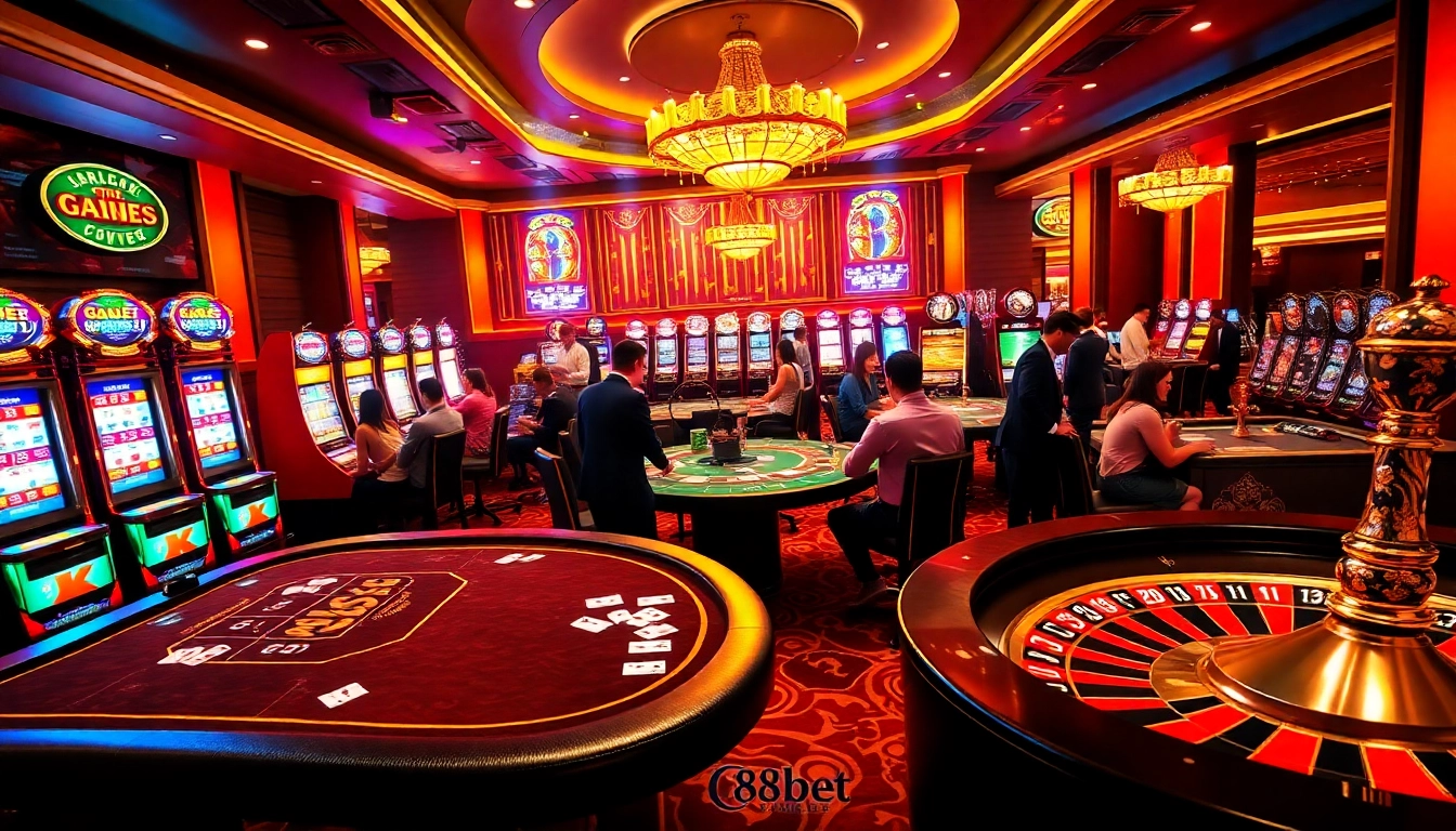 Experience the thrill of gambling at 8kbet with vibrant casino visuals of poker tables and slot machines.