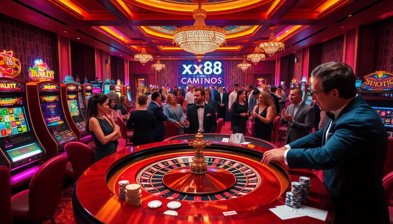 Excited players at https://xx88.se.net/ celebrating wins at a luxurious casino with roulette and slot machines.