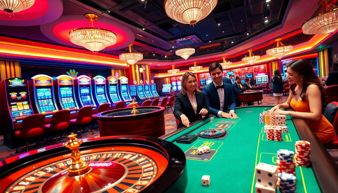 Excited players enjoying a vibrant casino scene at RR88 with roulette and slot machines.