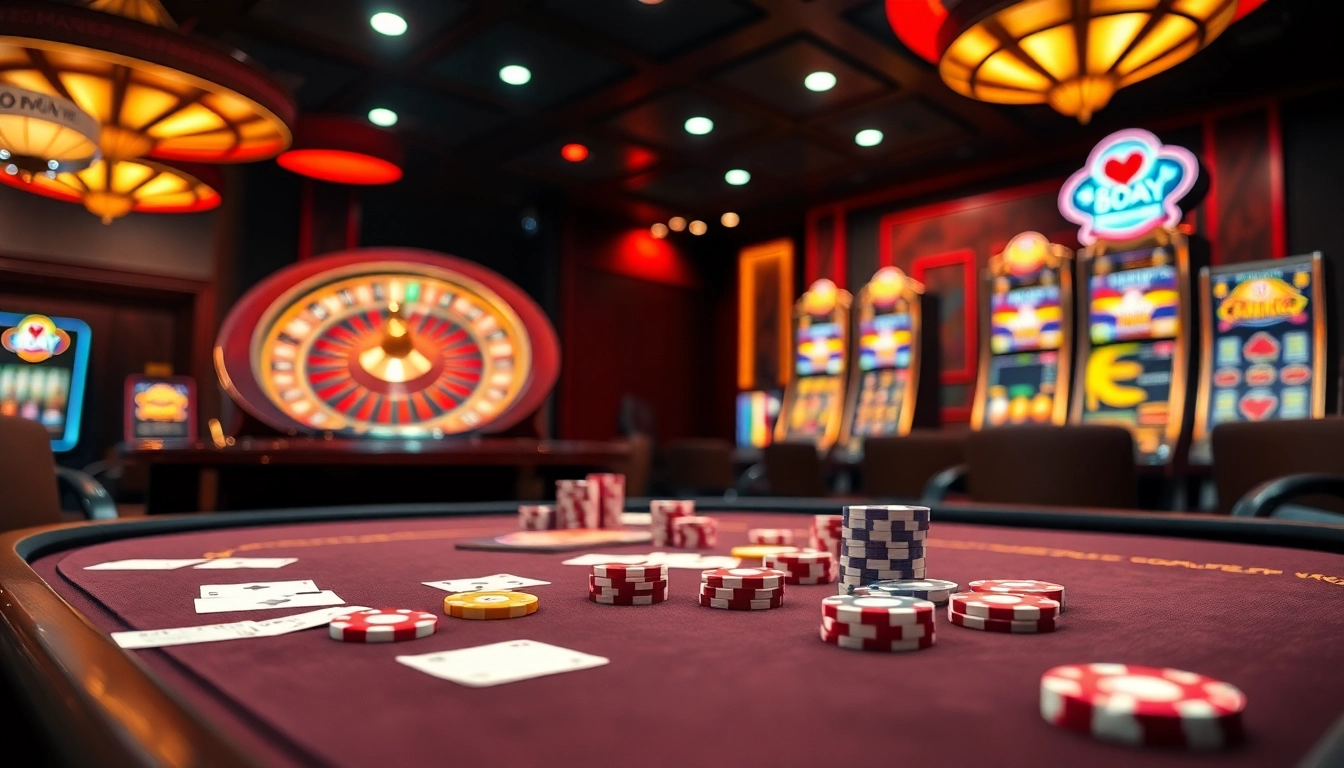 Experience excitement at 8DAY's high-stakes casino with vibrant poker chips and a spinning roulette wheel.