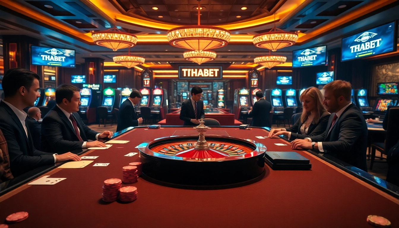 Exciting players betting at THABET's luxurious casino table with dealer and roulette wheel.