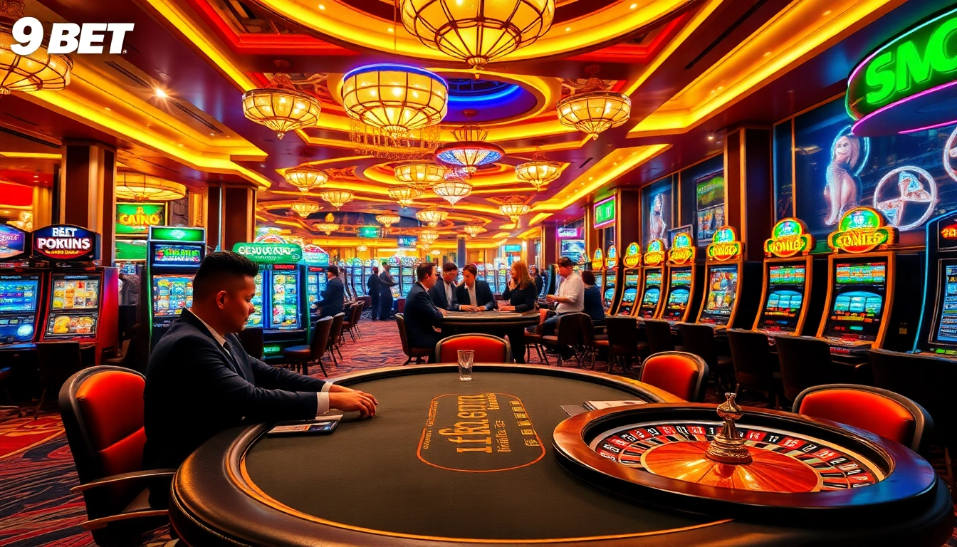 Exciting scene of professional gambling at 9BET's luxurious casino, featuring poker tables and slot machines.