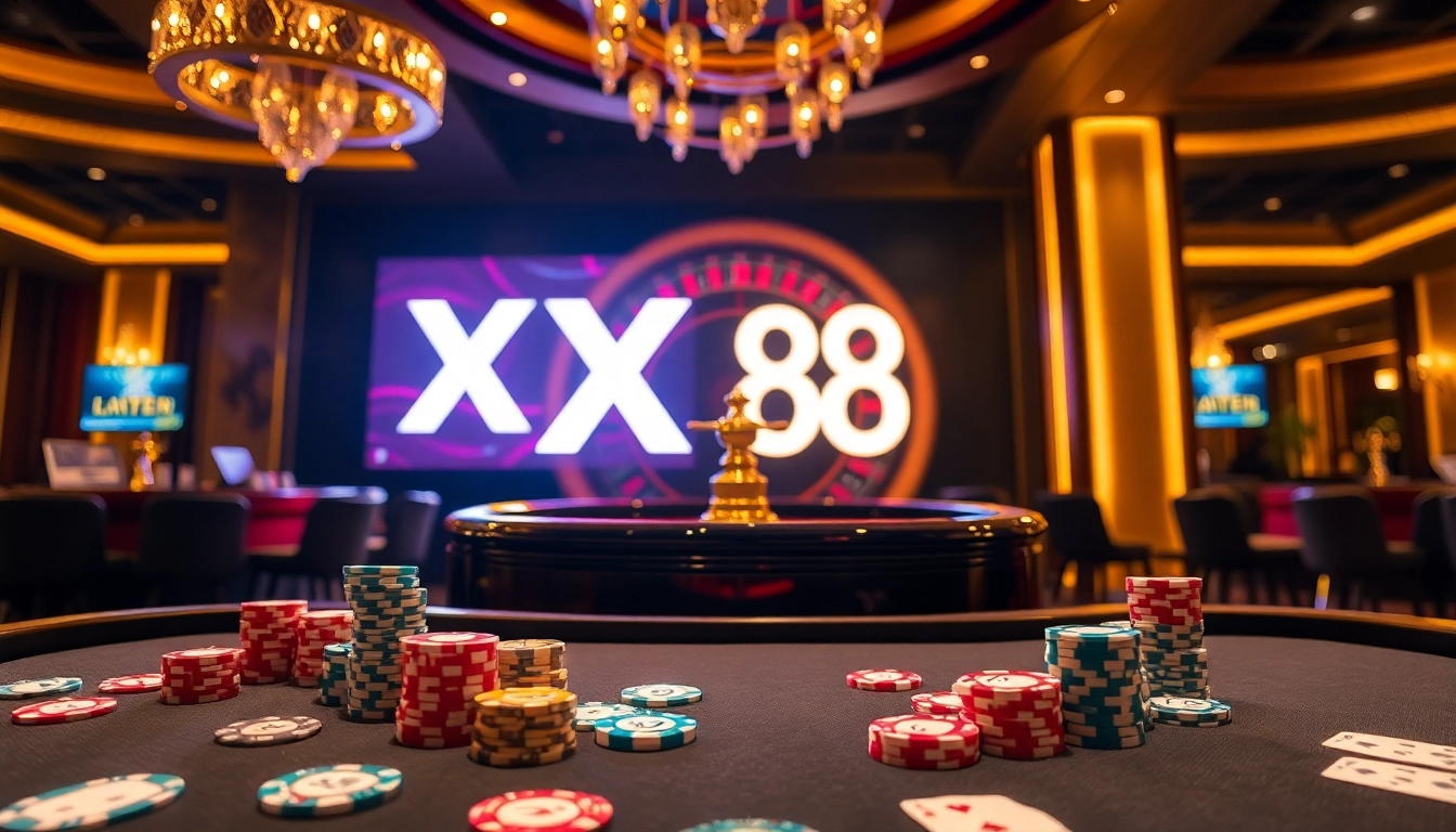 Experience a thrilling moment at an elegant casino table featuring the vibrant XX88 poker scene.