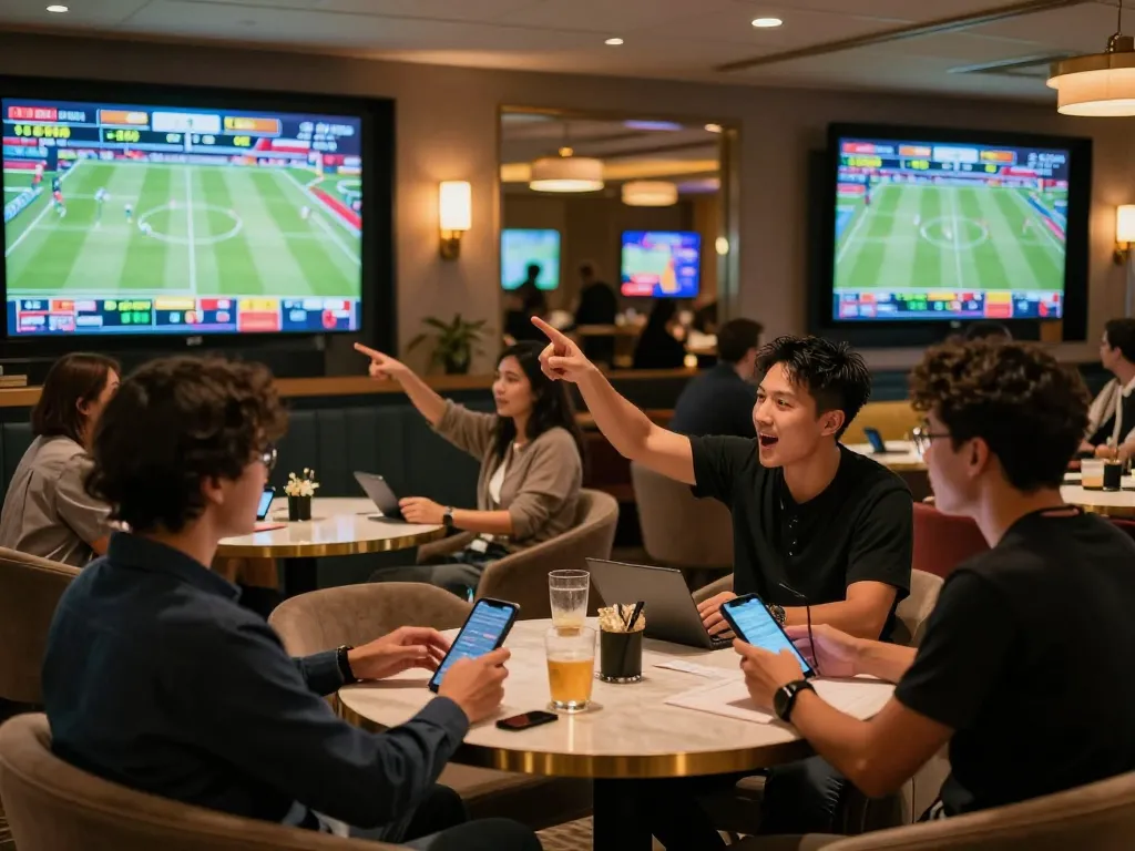 Engaged bettors strategizing for SC88 sports bets in a lively lounge with screens.