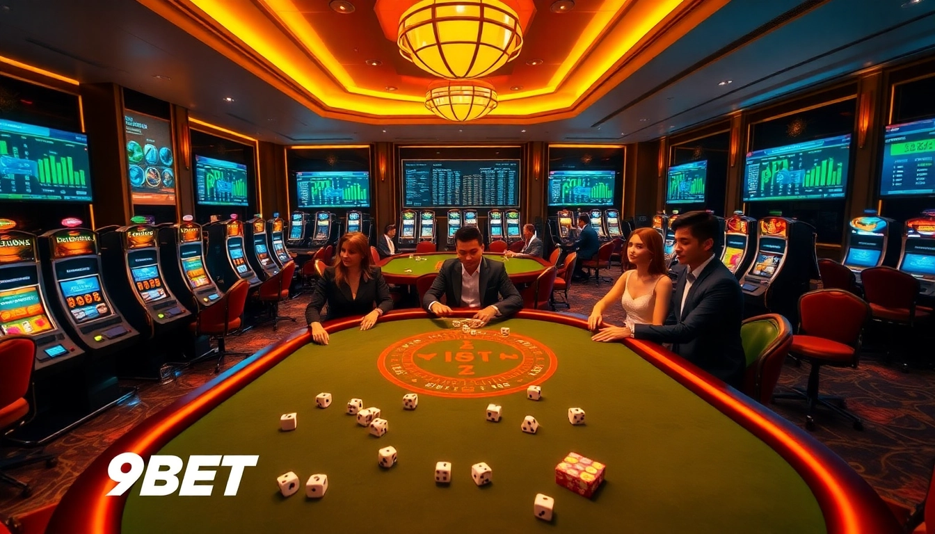 I9Bet players engaging with exciting slot machines and poker tables in a luxurious online casino.