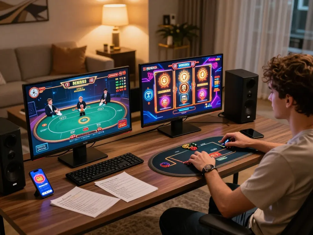 Player enjoying MM88 online gaming on multiple screens in a modern home setup, highlighting engaging poker gameplay.