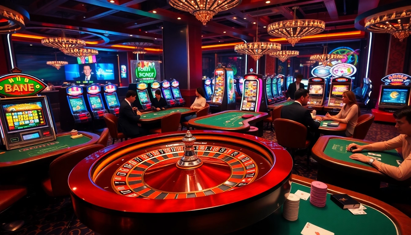 Exciting gambling scene at https://f168.me/ featuring roulette, poker tables, and vibrant slot machines.
