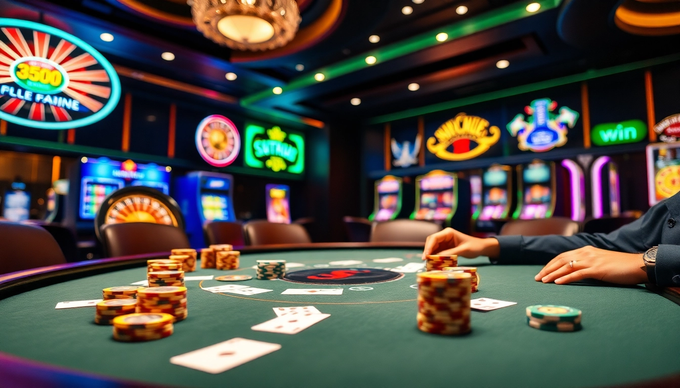 Competitive gamblers strategizing at a poker table in a luxurious casino setting featuring 33win.