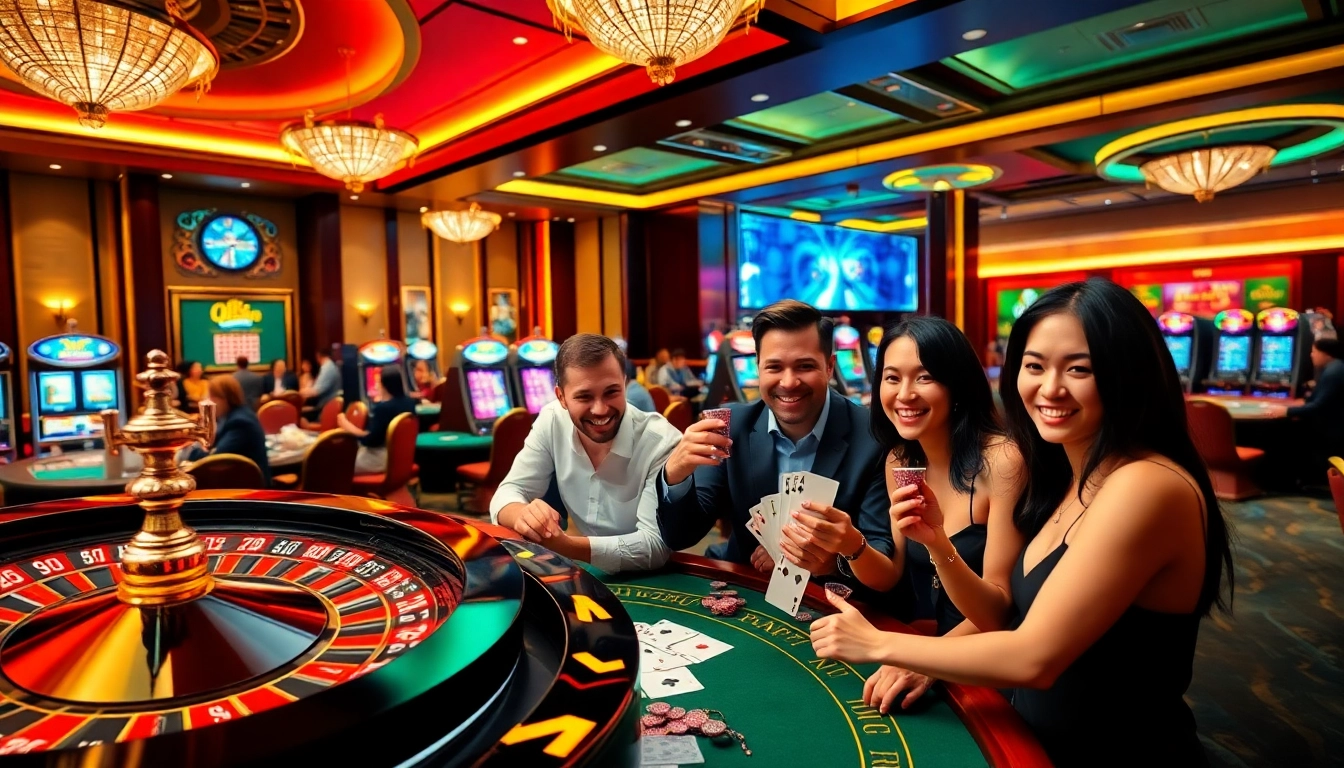 Players celebrating a win at QQ88 casino, featuring roulette, blackjack, and vibrant slot machines.
