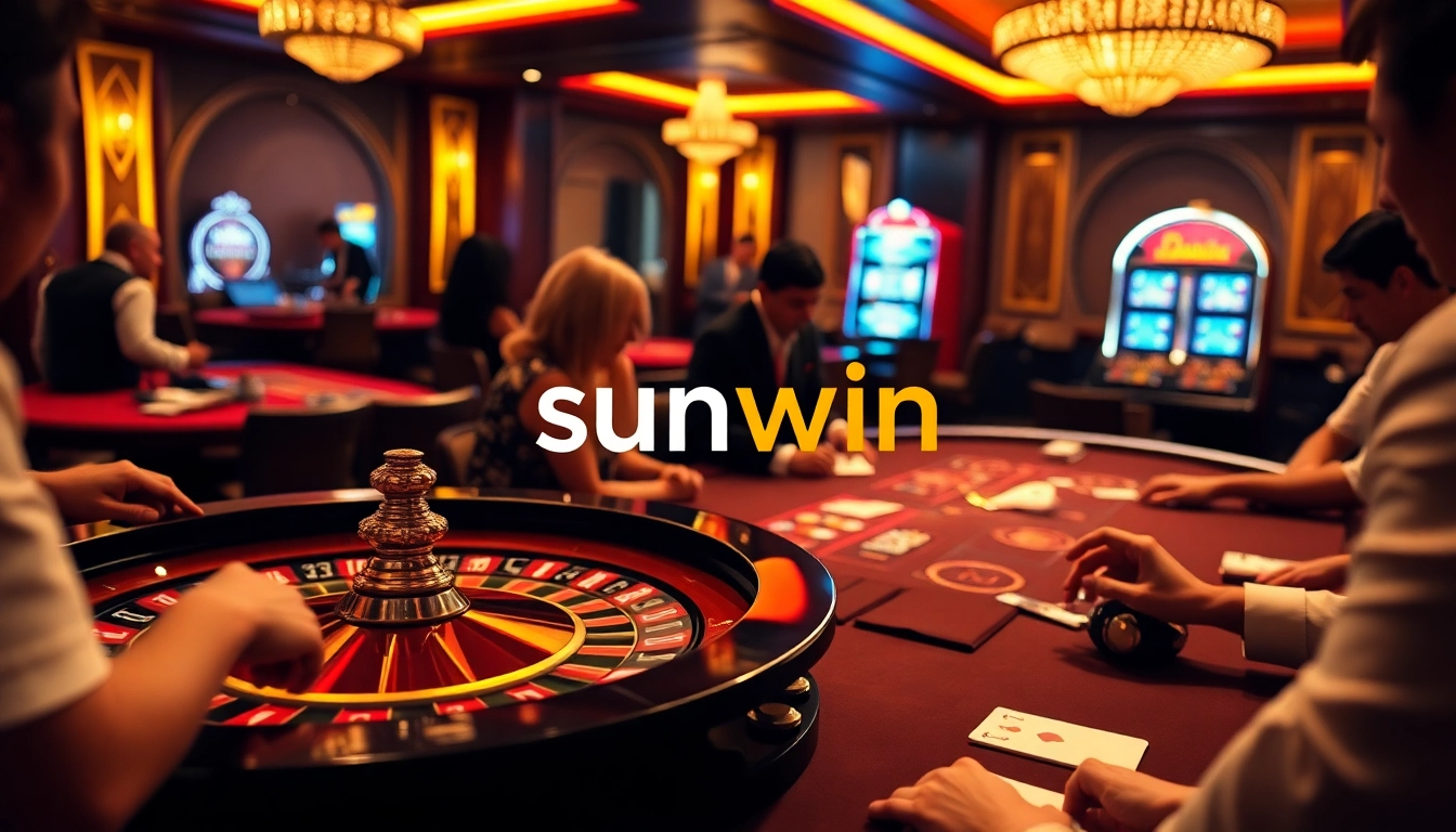 Experience thrilling gameplay at the sunwin casino with vibrant poker tables and a lively roulette wheel.