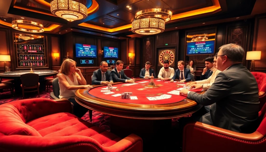Players engaged at the abcvip poker table in a lavish casino atmosphere.