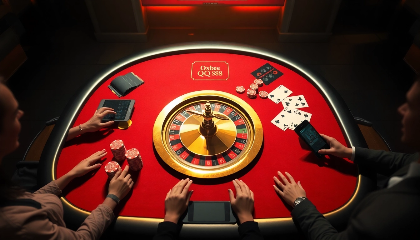 Experience thrilling gameplay with QQ88 as players enjoy vibrant poker chips and a dazzling roulette wheel.