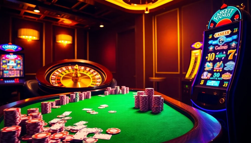 Players enjoying games at https://vu88.art/ with exciting casino tables, roulette wheels, and vibrant poker chips.