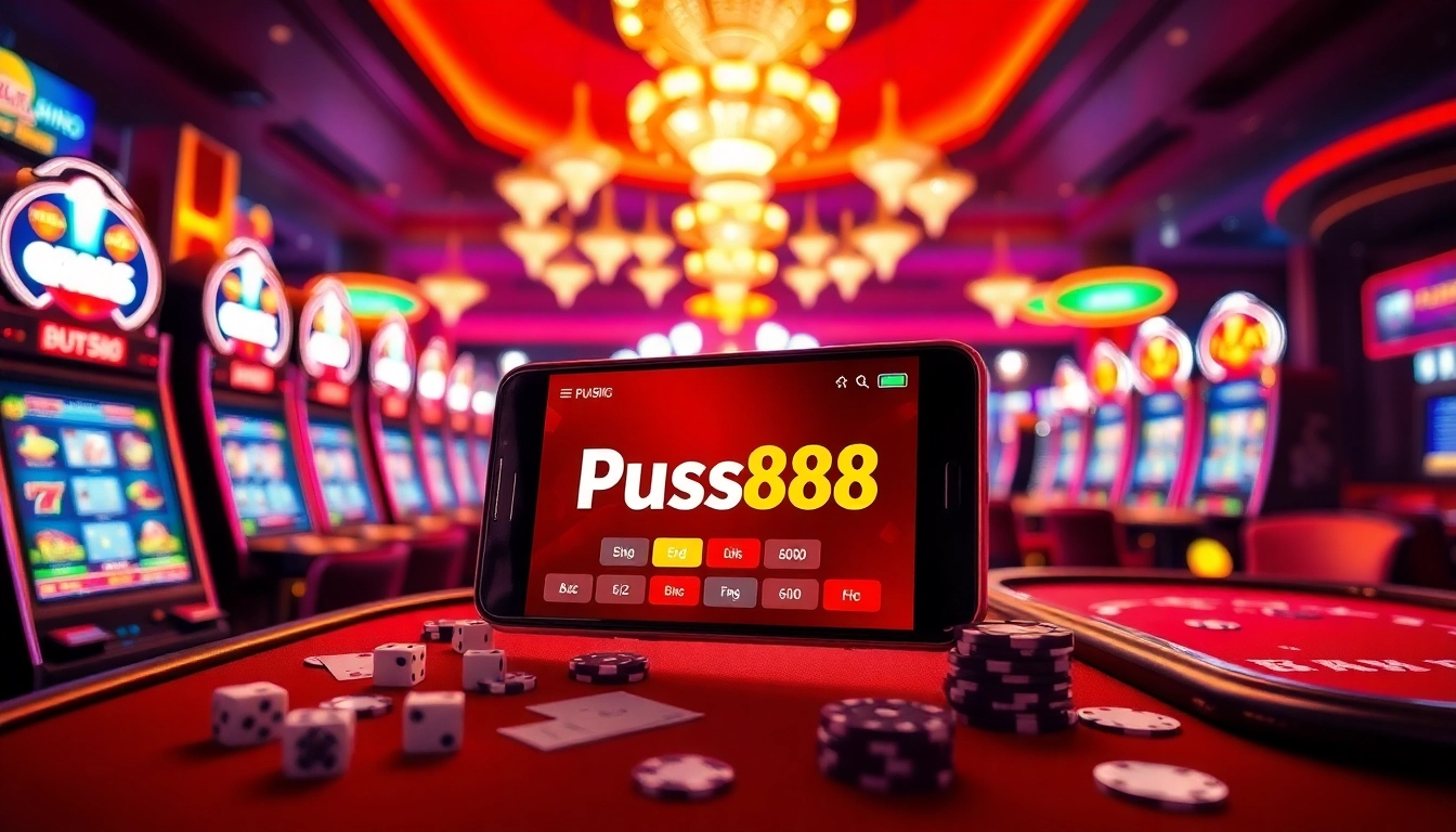 Play the thrilling Pussy888 APK on a luxurious mobile interface surrounded by vibrant casino elements.