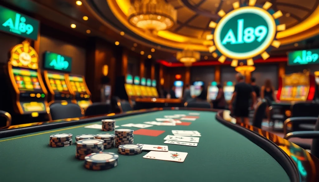 Alo 789 casino scene showcasing high-stakes poker gameplay and vibrant slot machines.
