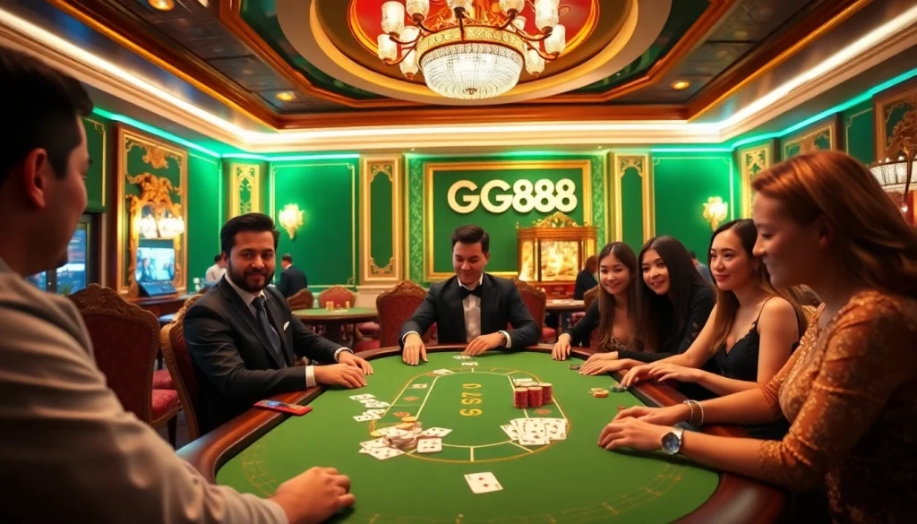 Players enjoying poker at GG88 casino, surrounded by a luxurious and vibrant atmosphere.