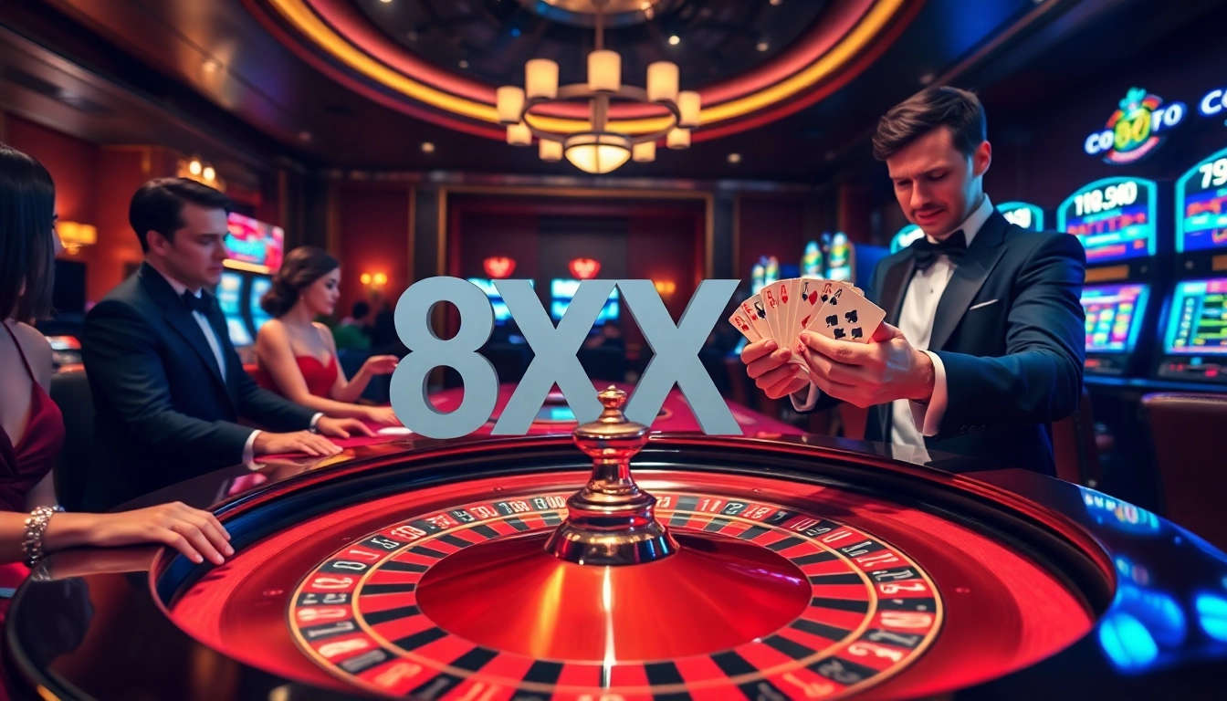 Experience the thrill of 8XX casino gaming with a vibrant roulette table and elegant players.