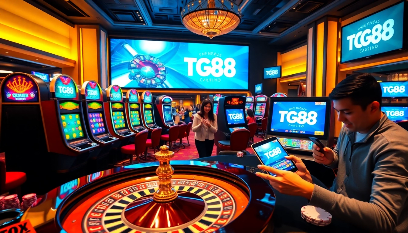 Experience exhilarating gambling at TG88 with vibrant slot machines and poker chips.