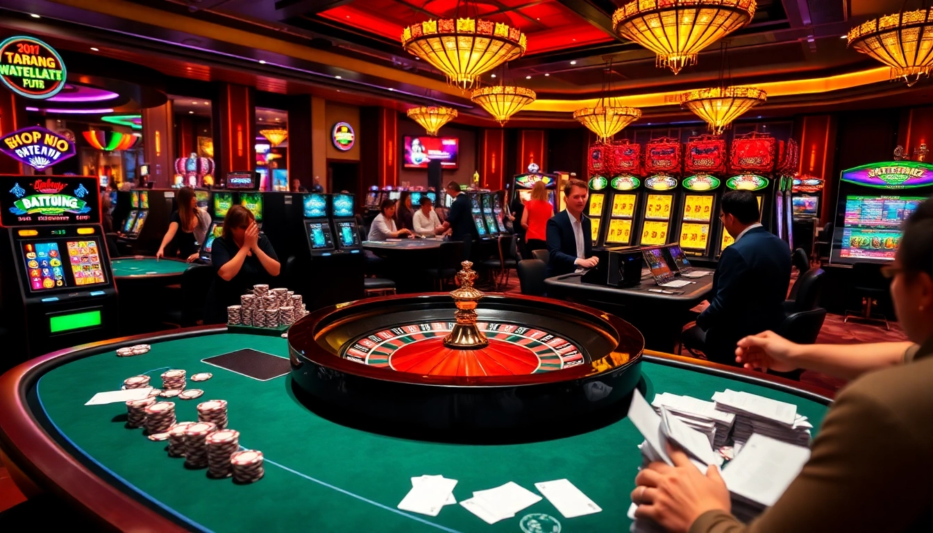 Bong88 players engaged in thrilling casino action with vibrant slot machines and poker tables.