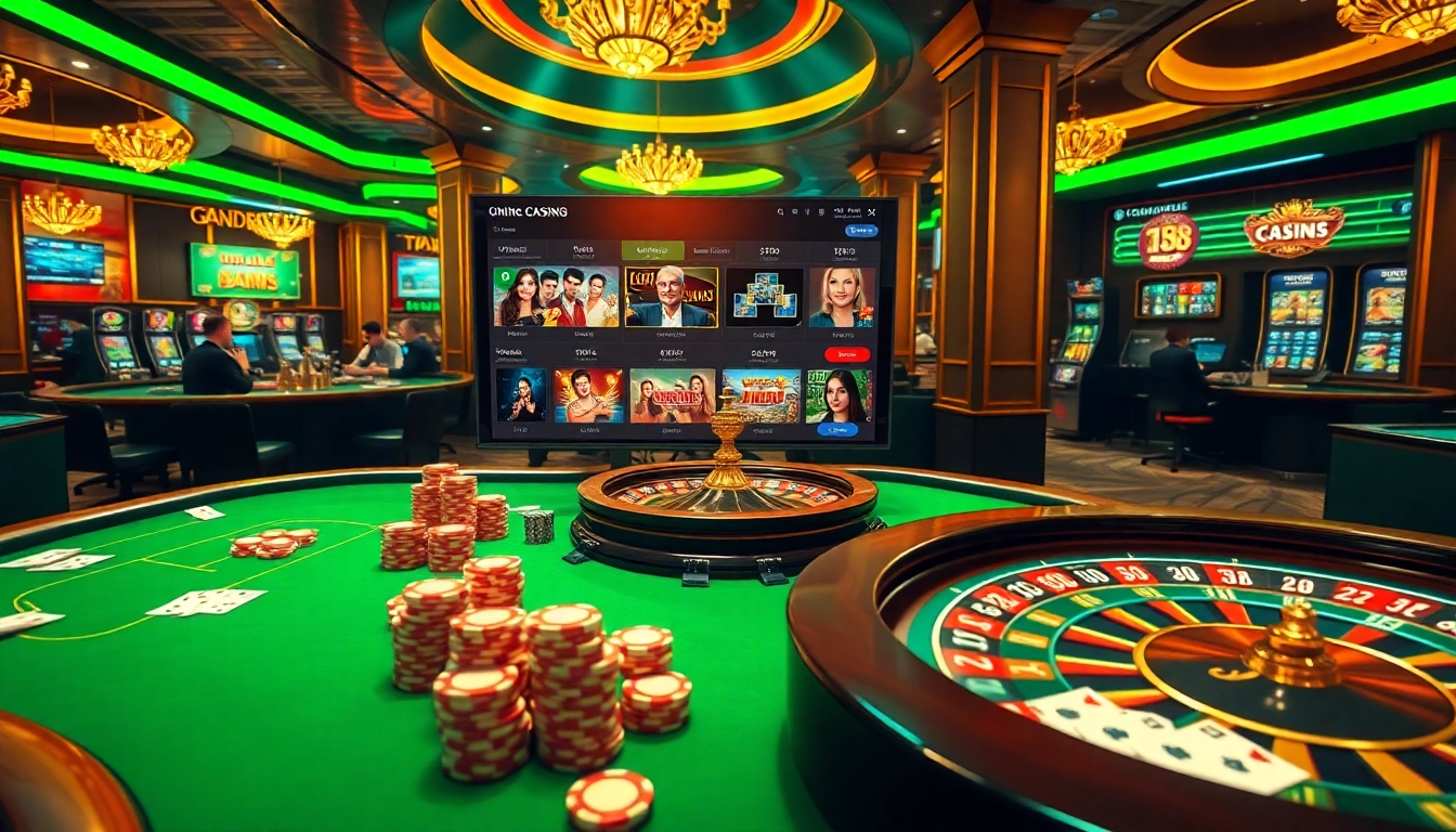 Engage with thrilling games at https://tg88.cafe/, showcasing a vibrant casino atmosphere filled with roulette wheels and poker chips.