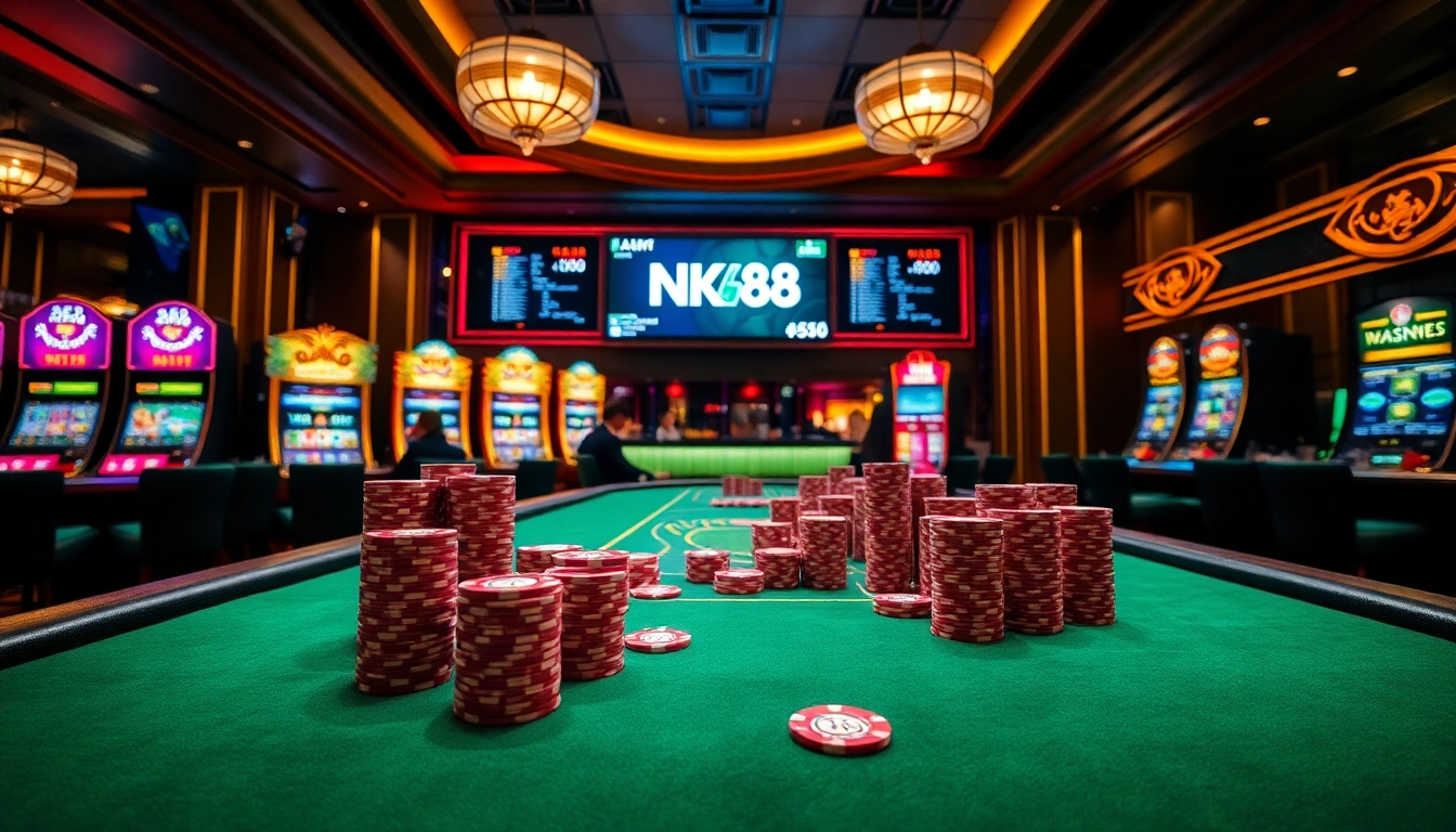 NK88 players enjoying vibrant casino action at a poker table with professional dealers.