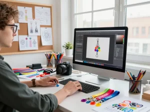 Custom lanyard keychain design process in a vibrant studio setting.