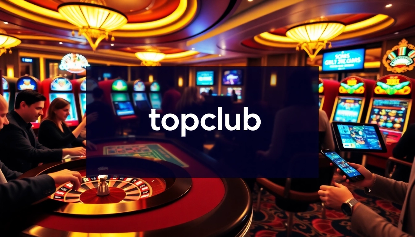 Players enjoying various gambling games at topclub, featuring vibrant tables and modern machines.