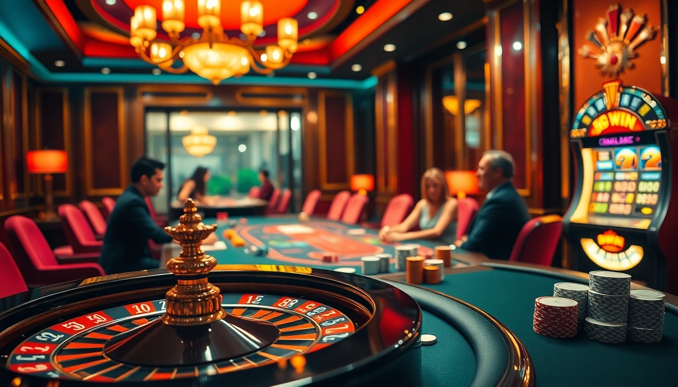 Engage in thrilling gameplay at 98win, showcasing a vibrant poker table and roulette wheel.