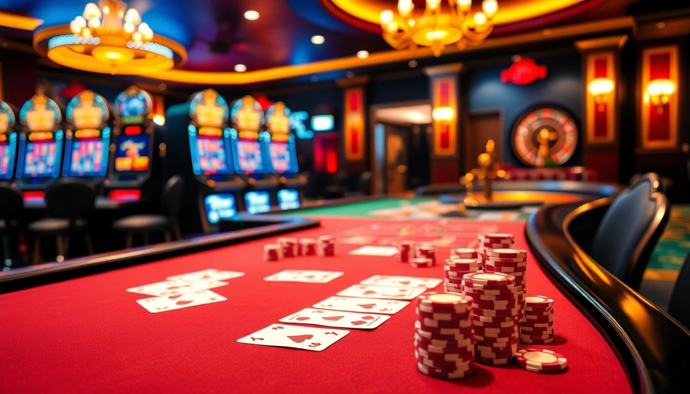 Experience the thrill of Kjc us com with a luxurious casino setup filled with cards and slot machines.