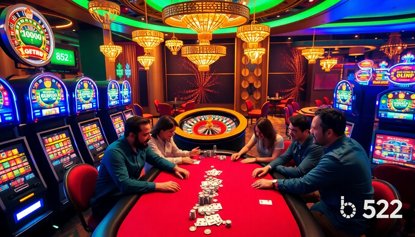 Engaging poker players at a b52-themed casino table with vibrant lights.