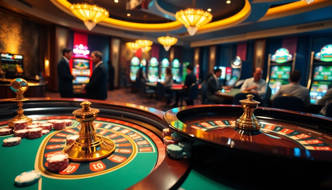 Experience the thrill of playing on the luxurious rikvip casino table filled with poker chips and vibrant roulette wheels.
