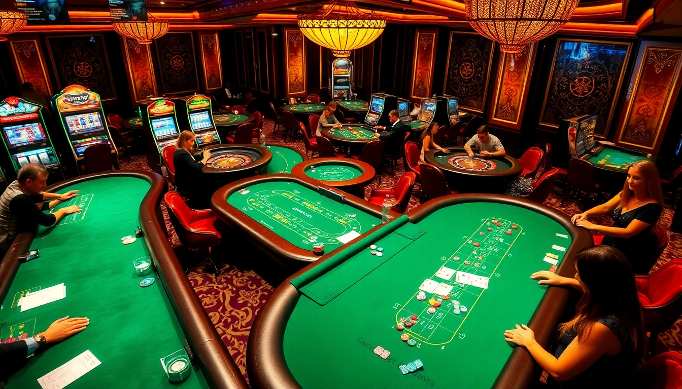 Tỷ lệ nhà cái depicted in a vibrant casino scene with elegant tables and engaged players.