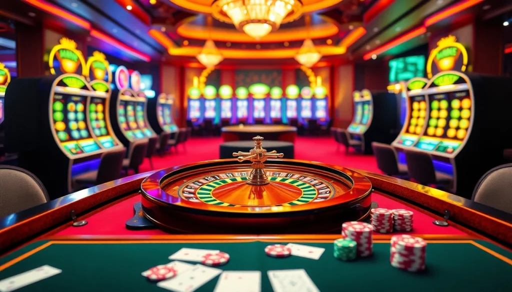 Experience the excitement at 789club with vibrant casino tables, roulette wheel, and slot machines.