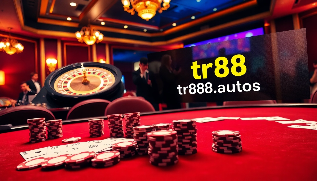Experience the thrill at https://tr88.autos/ featuring an elegant casino table with poker chips.