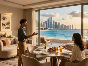airbnb management dubai scene with a host welcoming guests in a luxurious beachfront apartment