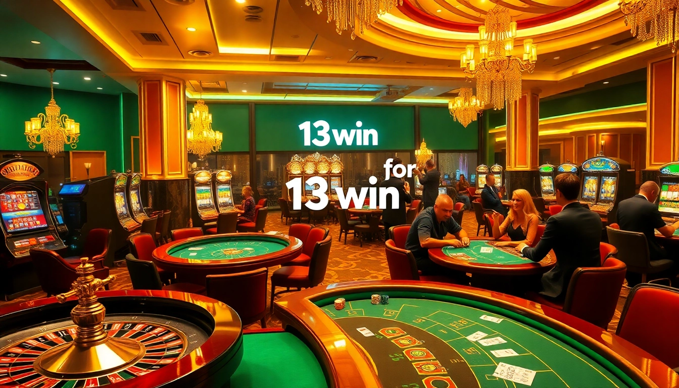 Experience excitement at a 13win casino scene with vibrant tables, lively players, and luxurious gaming elements.