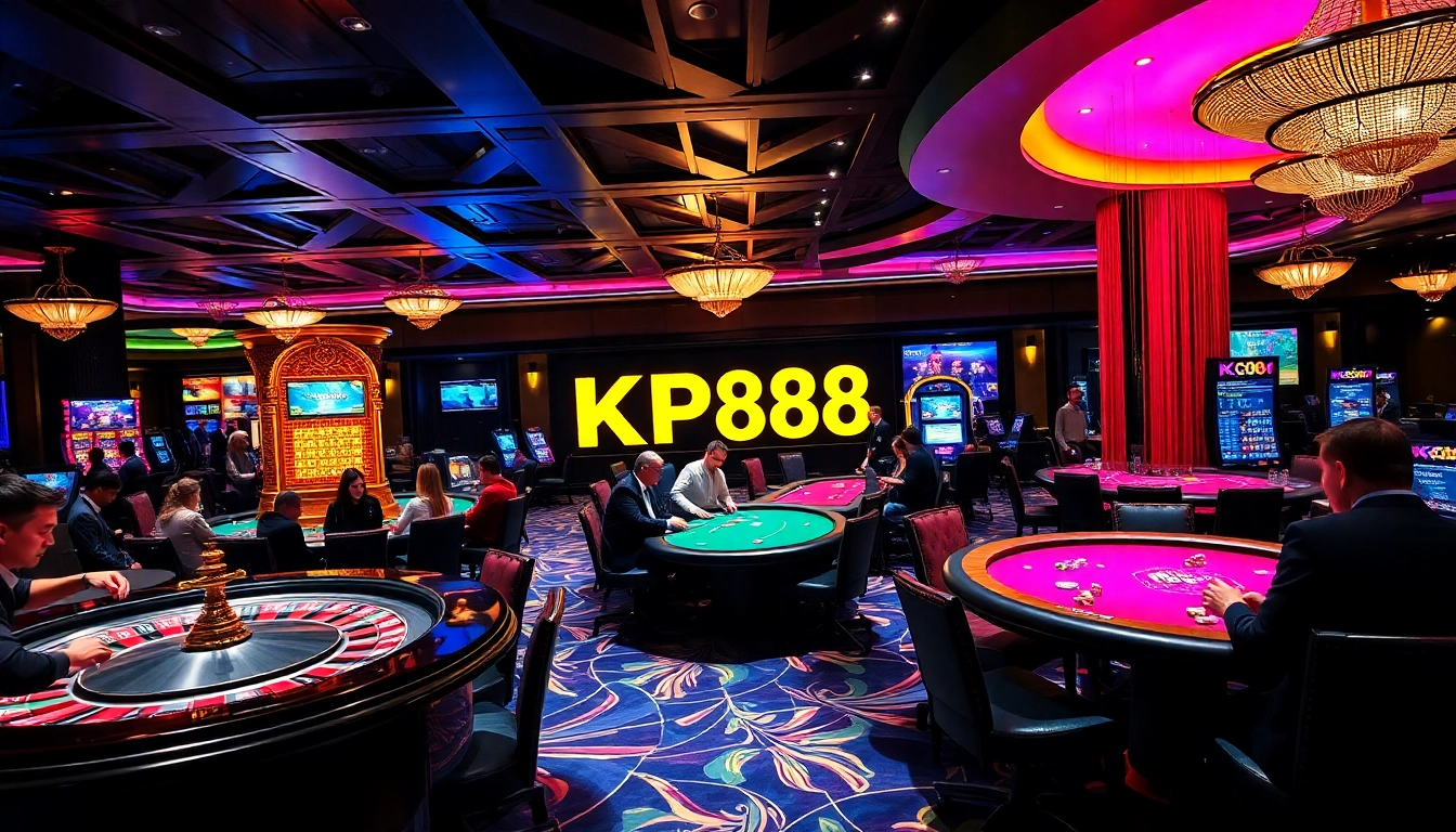 KP88 players engaged in a thrilling casino game atmosphere, showcasing vibrant casino tables and lively action.