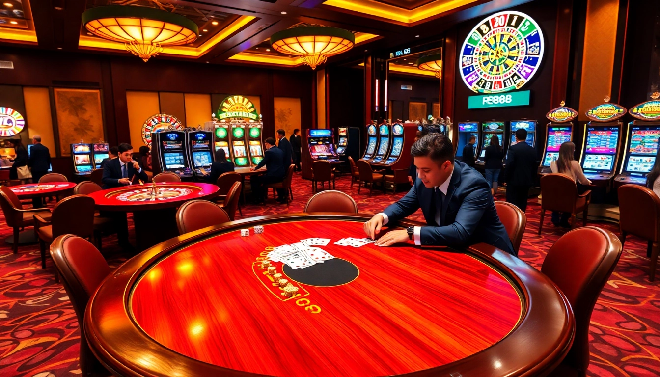 Experience the thrilling atmosphere of RR88 with players engaged at poker and roulette tables.